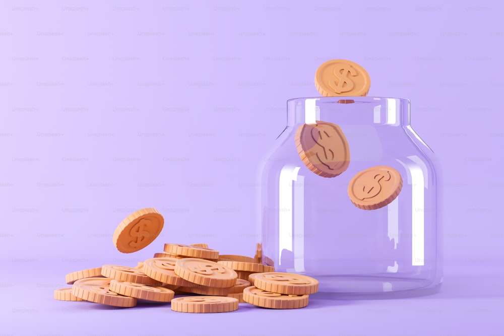 Transparent glass moneybox with gold coins on purple background. Concept of savings and earning. 3D rendering