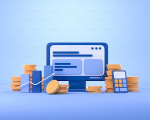 Desktop computer and bar chart with growing arrow, light blue background. Financial analysis and accounting, gold cash coin. Concept of online banking. 3D rendering