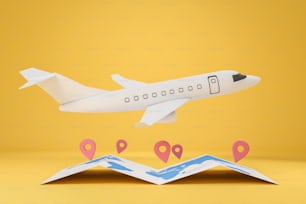 Aeroplano bianco che vola in tutto il mondo, mappa cartacea con spille di posizione su sfondo giallo. Concetto di viaggio e turismo. Rendering 3D