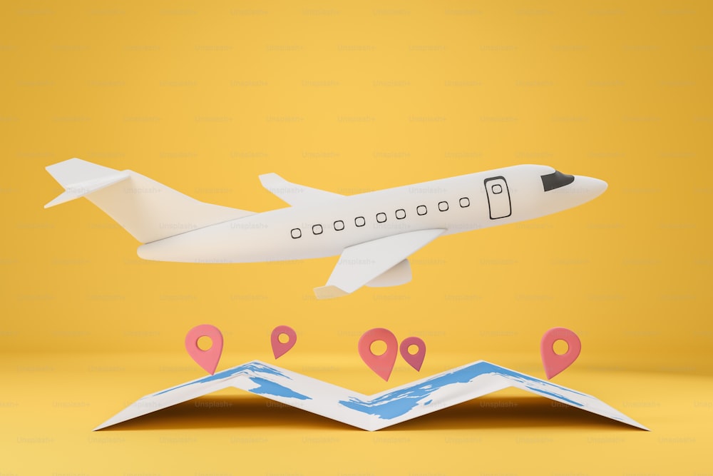 Avión blanco volando por todo el mundo, mapa de papel con pines de ubicación sobre fondo amarillo. Concepto de viajes y turismo. Renderizado 3D