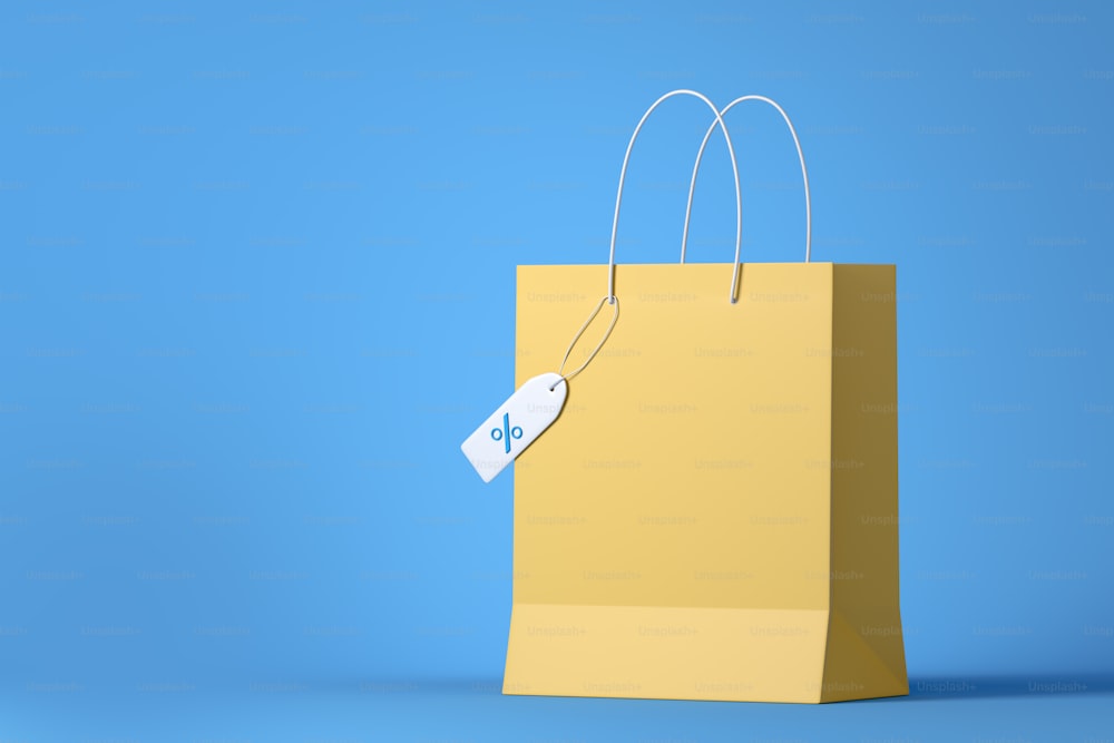 Package with discount label, sale price on light blue background. Concept of a good deal. Shopping bag and online order. 3D rendering