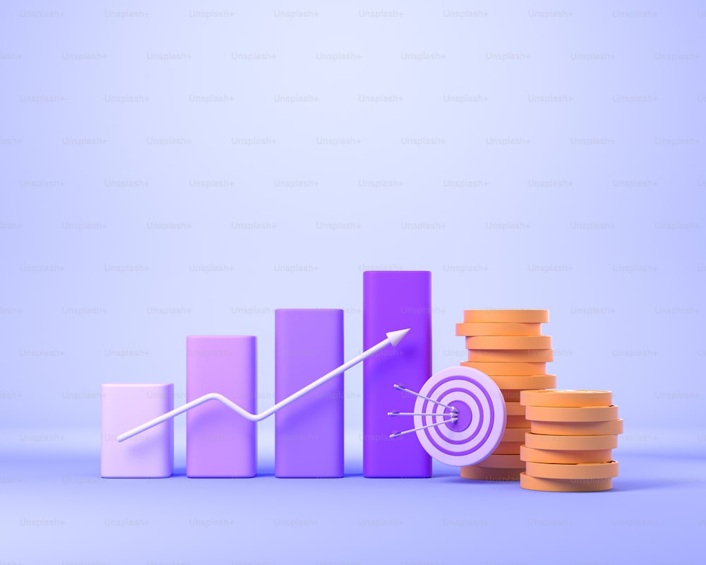 Bar chart with growing arrow, light background. Business accounting and dartboard, stack of gold coins. Concept of financial goal and investment. 3D rendering