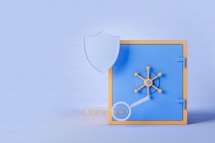 Cartoon safe and shield, magnifying glass and password on light blue background. Concept of saving and protection. Mockup copy space. 3D rendering