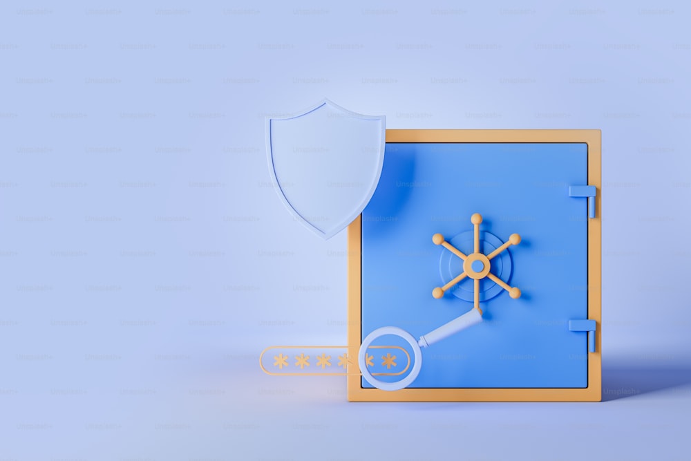 Cartoon safe and shield, magnifying glass and password on light blue background. Concept of saving and protection. Mockup copy space. 3D rendering