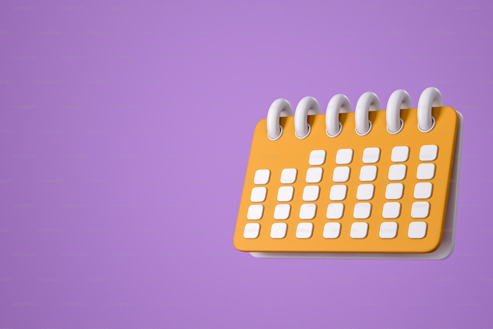 Gelber Kalender ohne Plan, Freizeit auf lila Hintergrund. Konzept des leeren Zeitplans. Mockup-Kopierbereich. 3D-Rendering