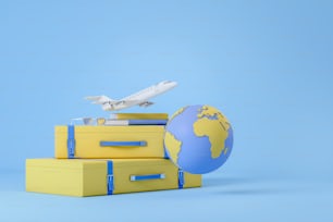 Airplane take off and suitcase, bag with books and eyeglasses. Earth sphere, international worldwide flight, blue background. Concept of trip and travel. 3D rendering