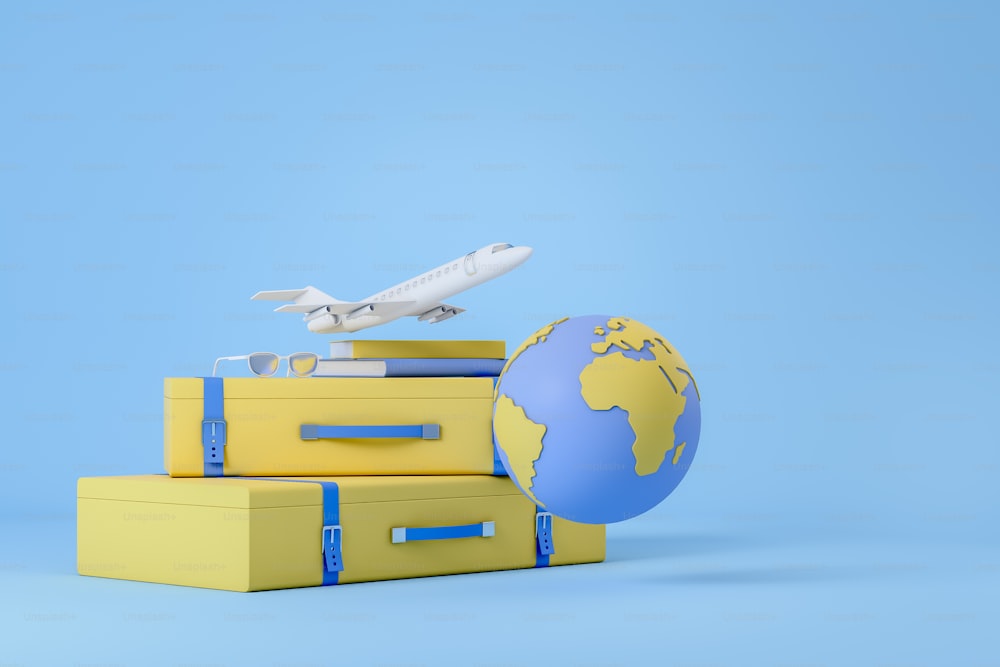 비행기 이륙 및 여행 가방, 책과 안경이 든 가방. 지구 구체, 국제 전세계 비행, 파란색 배경. 여행과 여행의 개념입니다. 3D 렌더링
