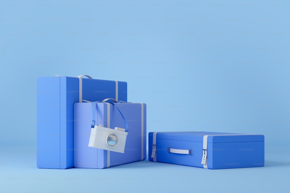 Travel suitcase and accessories for travel and trip. Concept of vacation and flight. Mockup copy space, 3D rendering