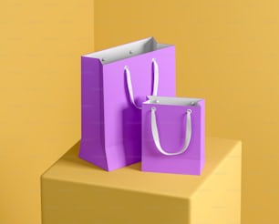 노란색 큐브 연단에 있는 두 개의 보라색 종이 봉지, 밝은 배경. 매장에서 판매 및 구매의 개념입니다. 쇼핑백 및 온라인 주문. 3D 렌더링