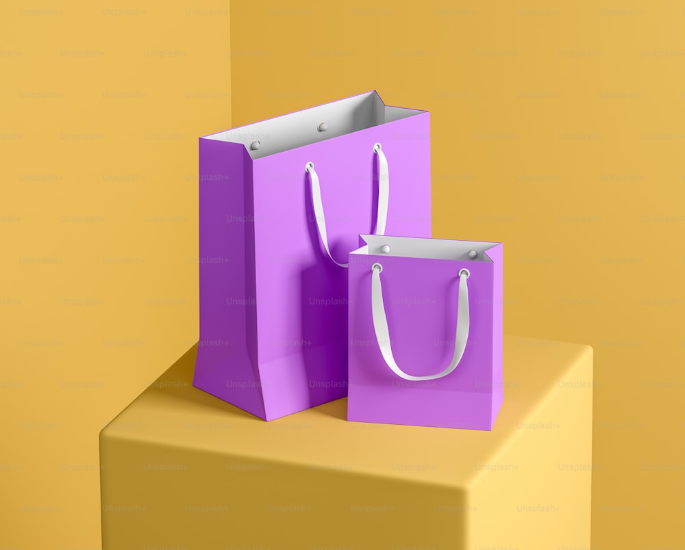 Two purple paper bag on yellow cube podium, bright background. Concept of sale and purchase in store. Shopping bag and online order. 3D rendering
