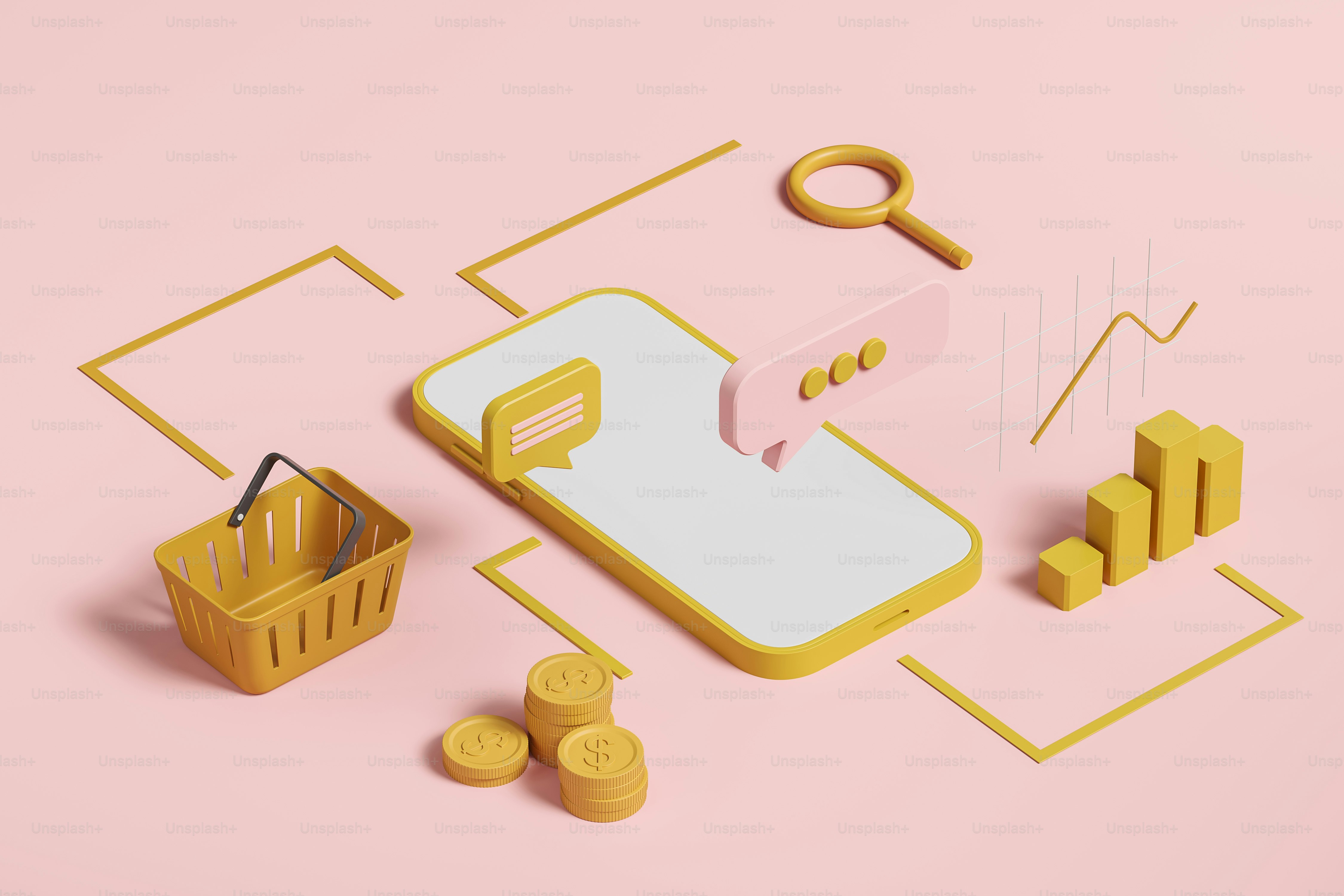 Smartphone and control of different app. Online shopping, finance, banking and communication. Concept of optimization and seo. Mockup copy space screen. 3D rendering