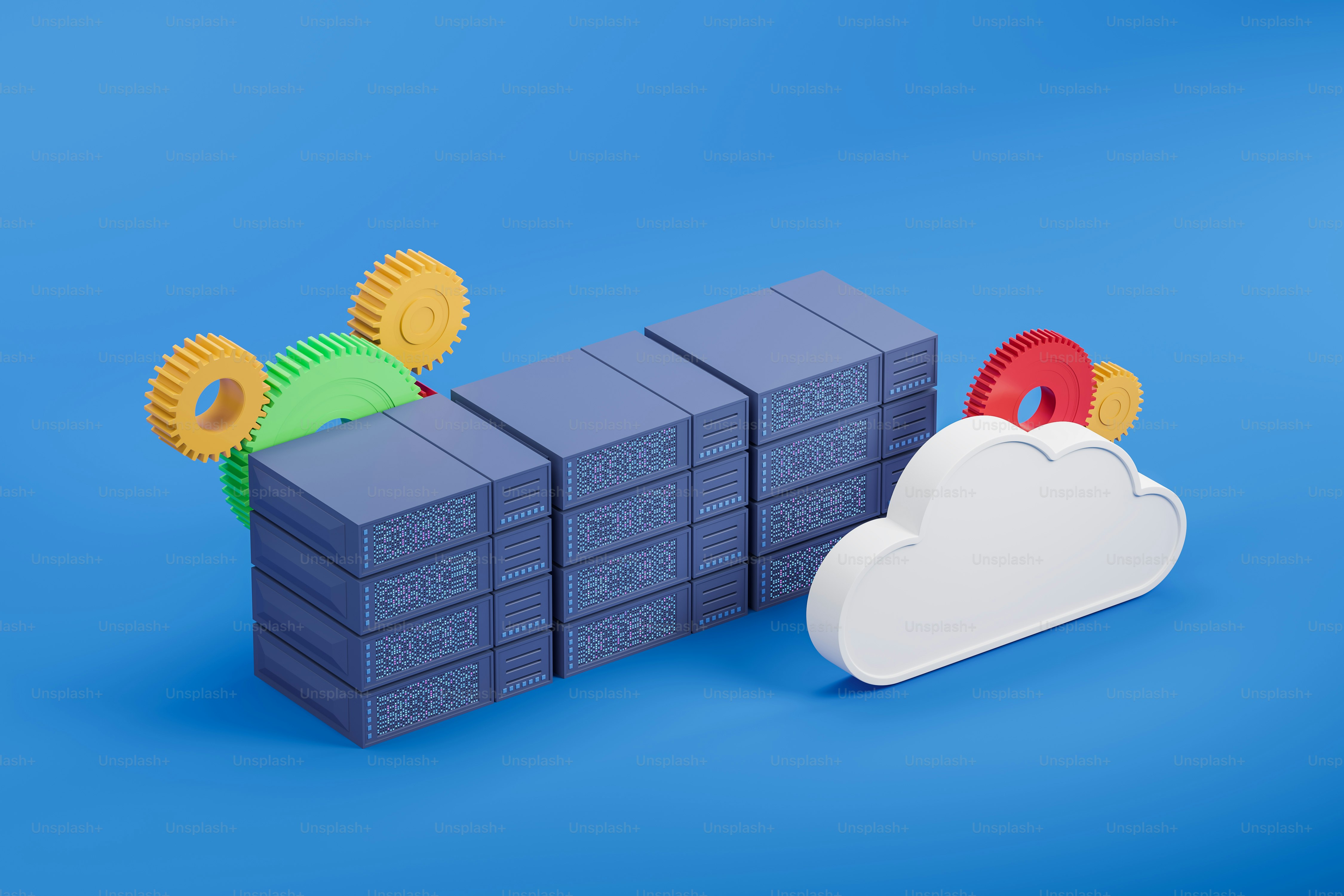 Server and online database, cloud and colorful gears. Data center technology and computer science. Big data processing and networking. 3D rendering