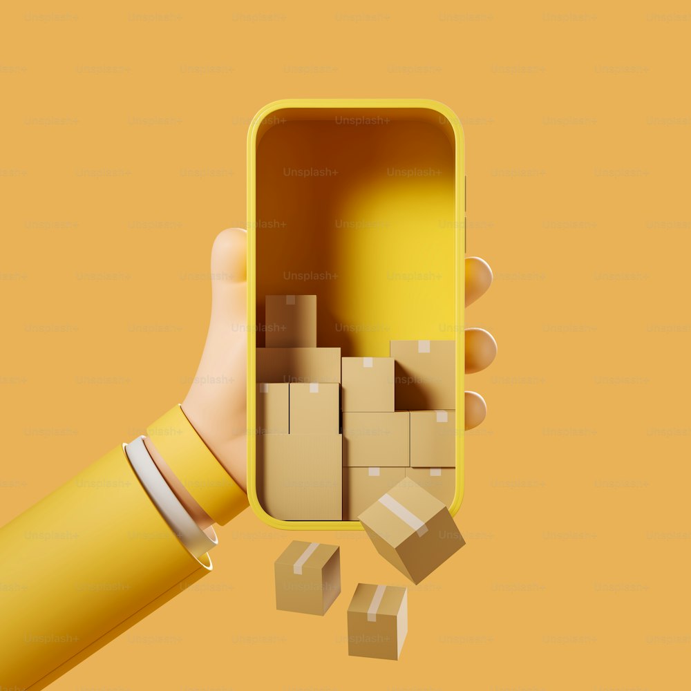Cartoon hand hold smartphone with falling cardboard boxes on yellow background. Concept of online orders, shopping. Delivery and tracking of parcel. 3D rendering