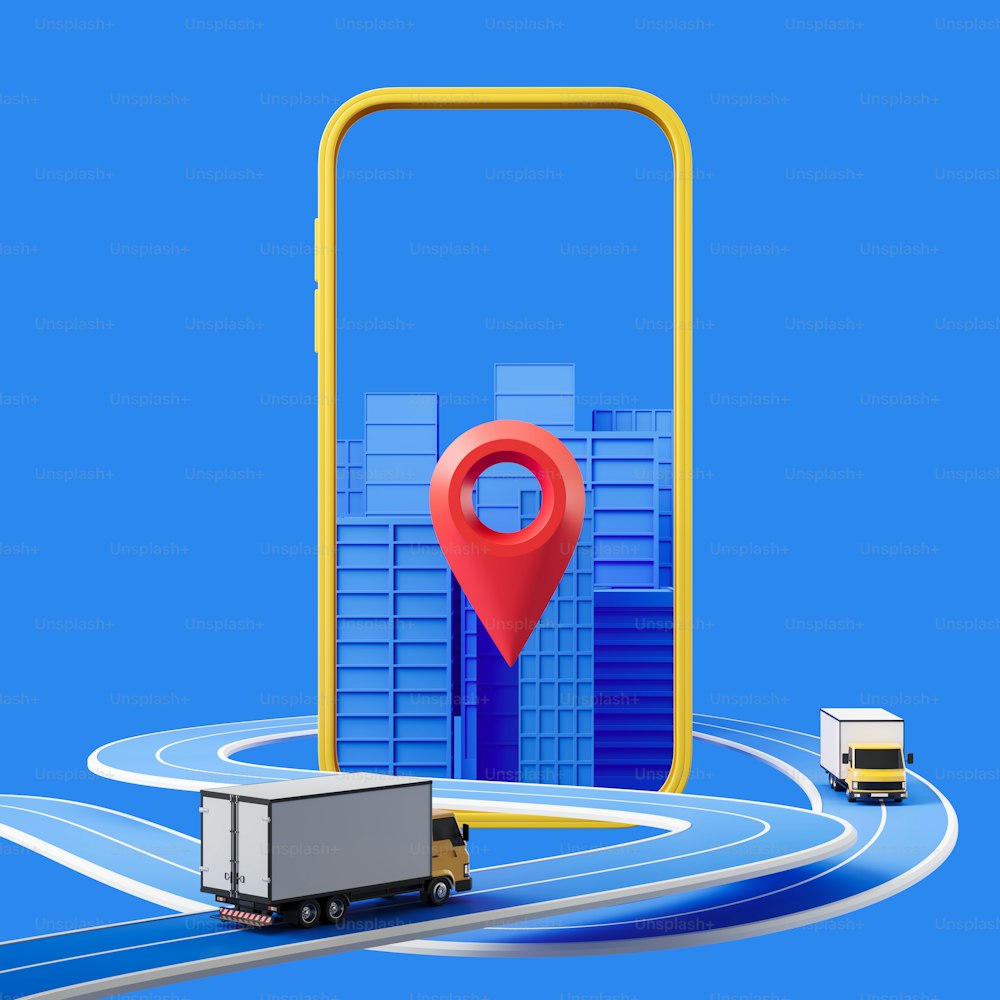 Mobile app for tracking, phone and delivery van moving in big city with geotag on blue background. Concept of shipping service. 3D rendering