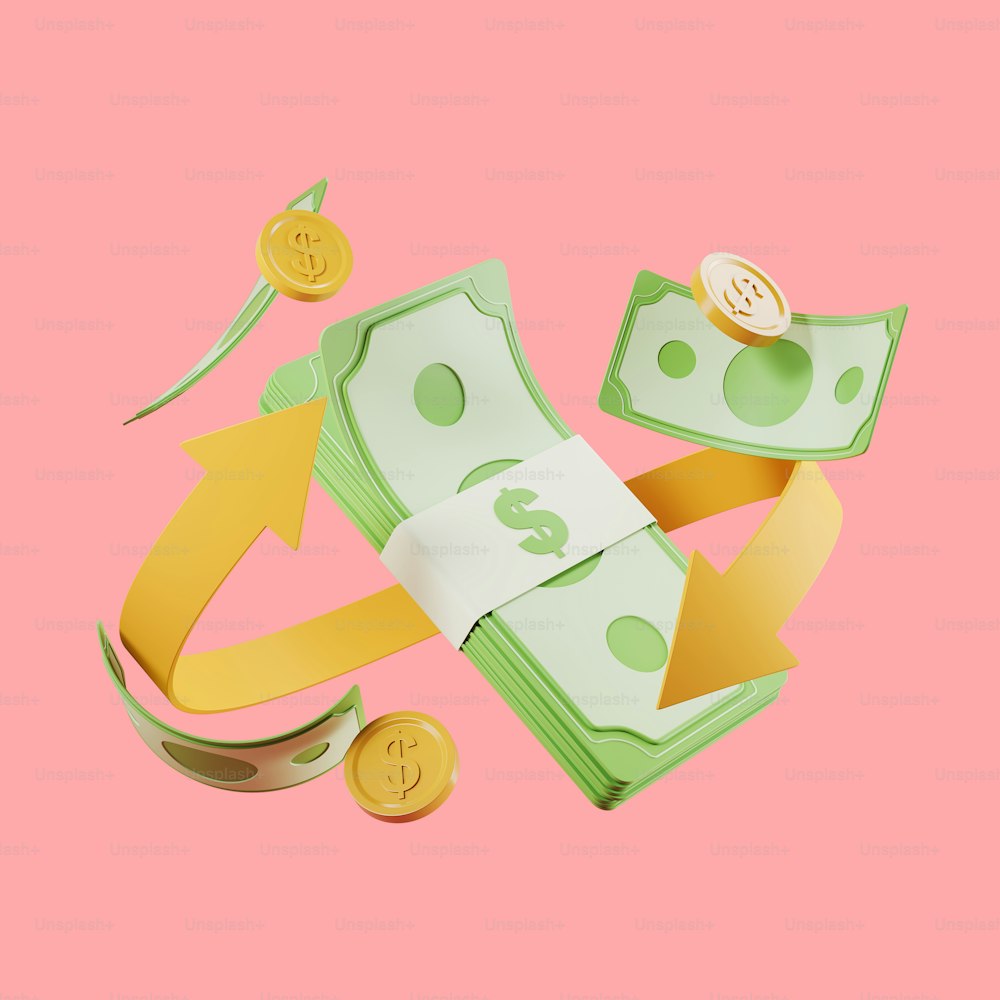 Banknotes and cash money, gold arrow on pink background. Concept of online payment and refund. 3D rendering