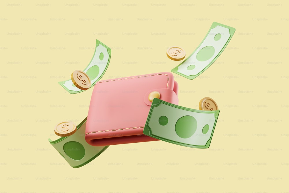 明るい黄色の背景にピンクの財布と紙幣とコイン。お金、支払い、収入のコンセプト。3Dレンダリング