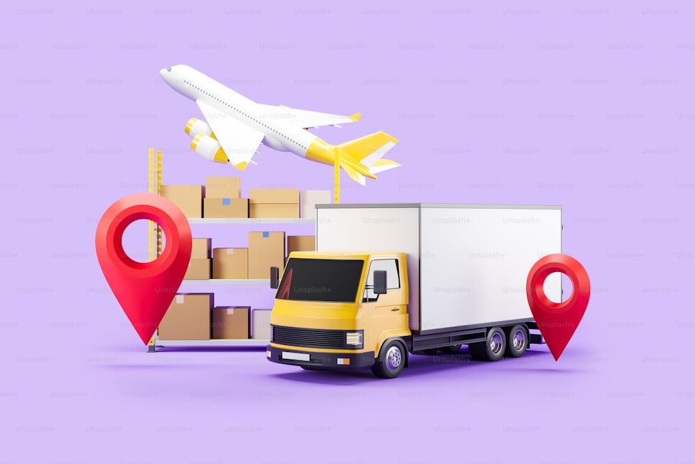 Service de livraison et boîte en carton sur étagère, fond violet. Avion et van, logistique internationale. Concept d’importation et d’exportation. Rendu 3D