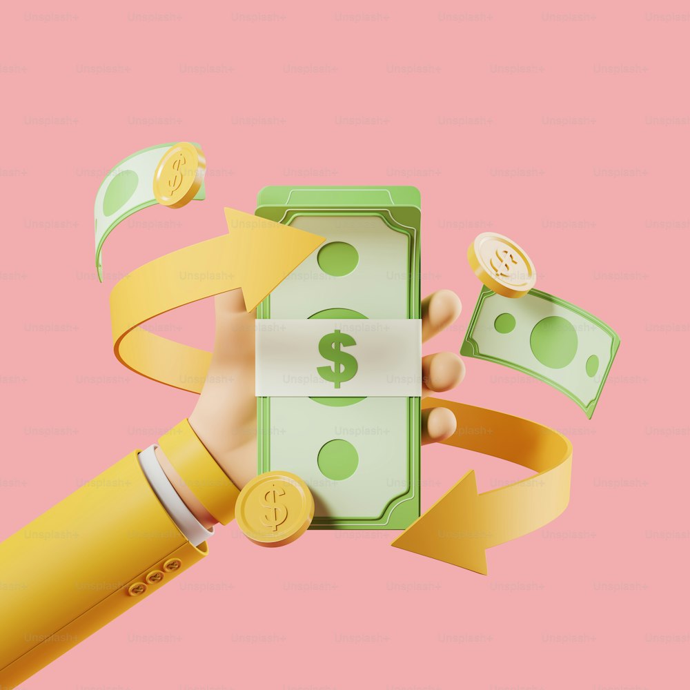 Cartoon hand hold banknotes, gold arrow on pink background. Concept of online payment and cashback. 3D rendering