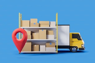 Delivery service and cardboard box on shelf rack, blue background. Concept of tracking and logistics. Mockup copy space. 3D rendering