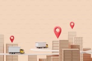 Delivery van and location mark, abstract city building and road, beige background. Concept of shipping and trucking. Copy space. 3D rendering