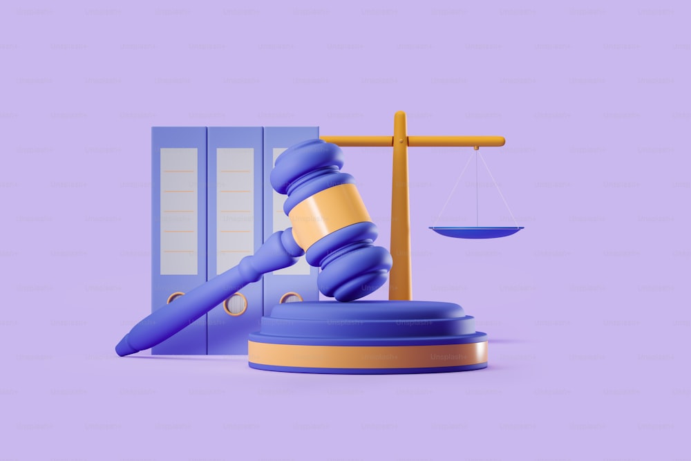 Gavel and law files, scales on purple background. Concept of justice and jurisdiction. 3D rendering