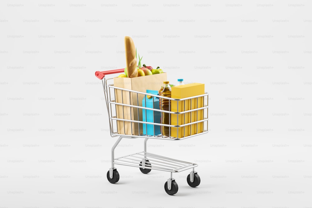 Shopping cart and products in paper bag, light grey background. Concept of delivery and online purchase. 3D rendering