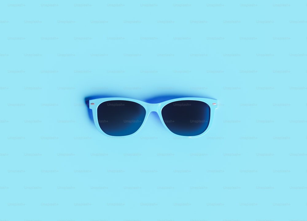 파란색 선글라스를 착용한 미니멀한 여름 배경. 3D 렌더링