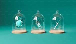 cupole di vetro che coprono il vaccino contro il coronavirus, la siringa e il virus. Concetto di vaccinazione COVID-19. Rendering 3D