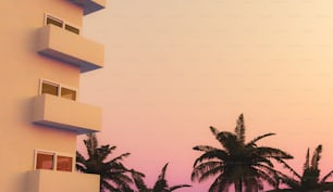 Ventanas de apartamentos con palmeras en una cálida puesta de sol con cielo despejado y espacio para texto. Concepto de vacaciones de verano. Renderizado 3D