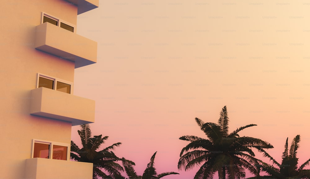 janelas de apartamentos com palmeiras em um pôr do sol quente com céu claro e espaço para texto. conceito de férias de verão. Renderização 3D