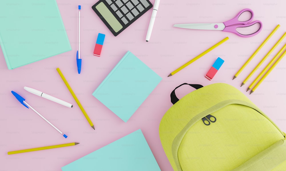 Unordentliche Schulsachen auf pastellrosa Hintergrund mit einem gelben Rucksack. Konzept der Bildung und des Schulanfangs. 3D-Rendering