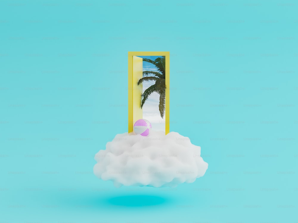 Puerta minimalista en una nube con palmera y pelota de playa saliendo de ella. Concepto de vacaciones de verano. Renderizado 3D
