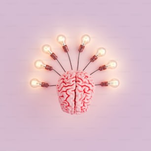 top view of a brain with several light bulbs connected and illuminated. concept of education, idea, and learning. 3d rendering