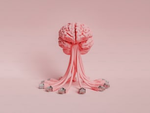 cerveau avec des câbles réseau suspendus à elle dans un concept minimal d’Internet, d’intelligence artificielle et d’apprentissage. Rendu 3D