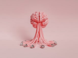 Gehirn mit Netzwerkkabeln, die daran hängen, in minimalem Konzept von Internet, künstlicher Intelligenz und Lernen. 3D-Rendering
