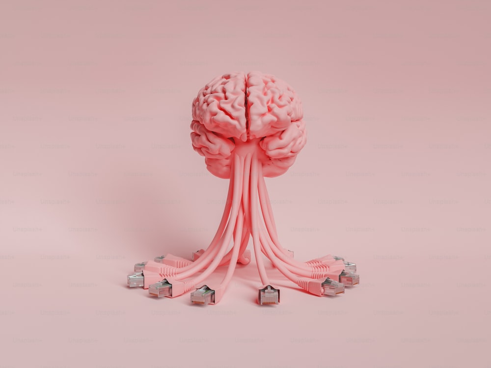 brain with network cables hanging from it in minimal concept of internet, artificial intelligence and learning. 3d rendering