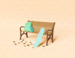 Banc de parc avec cartable, livre et planche à roulettes. Concept minimaliste d’automne, d’hiver, d’éducation et de rentrée scolaire. Rendu 3D