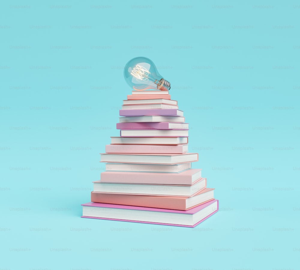 pyramid of books with light bulb on top. concept of education, study and success. 3d rendering