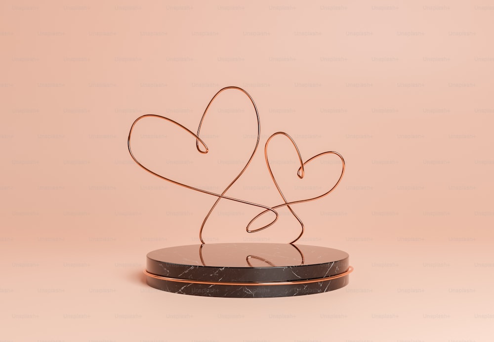 Cylindrical marble stand for product display with a wire entangled in the shape of two hearts. 3d rendering