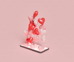 画面からハートの風船が出ている携帯電話。バレンタインデーのコンセプト、テクノロジー、オンラインデート、愛。3Dレンダリング