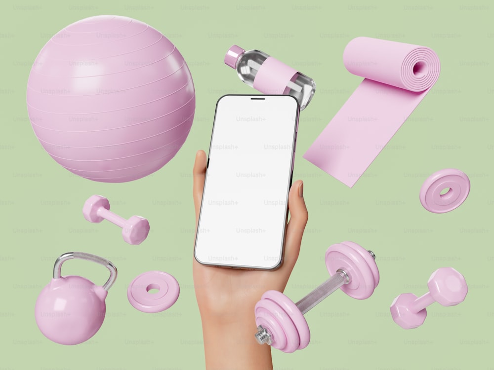 hand holding a mobile phone with pink exercise accessories around it. blank screen. concept of apps for fitness, online training, healthy living and technology. 3d rendering