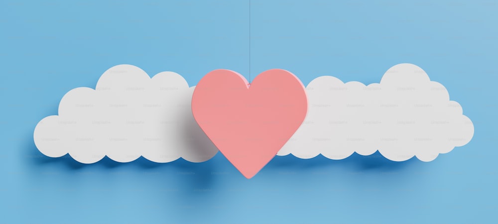 Hängendes Herz mit flachen Wolken dahinter und blauem Hintergrund. Valentinstag-Banner. 3D-Rendering