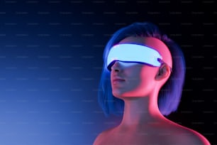 menina com óculos de realidade virtual futurista no estilo cyber punk. conceito de metaverso, nft, futuro e videogames. Renderização 3D