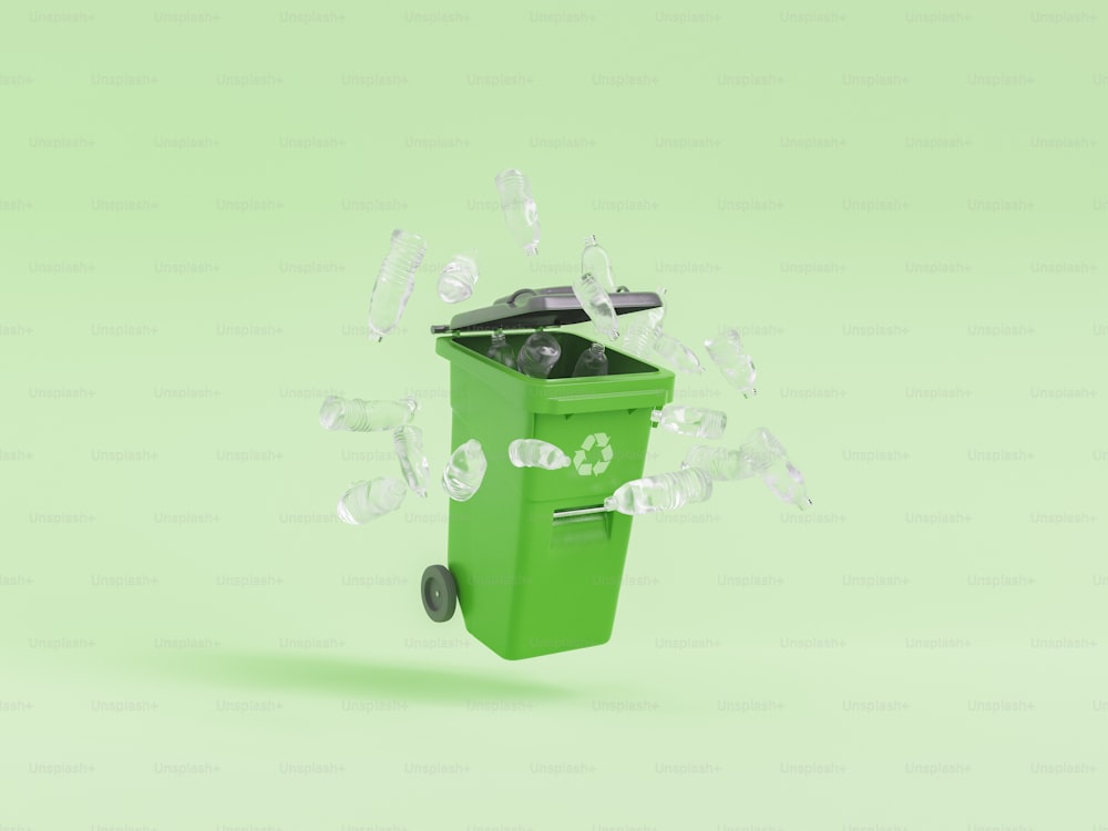 3D-Illustration eines Recyclingbehälters mit einem Haufen Plastikflaschen, die vor grünem Hintergrund schweben