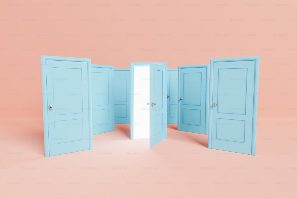 Abbondanza di porte blu chiuse vicino alla porta aperta con luce incandescente che rappresenta nuove opportunità e cambiamenti sullo sfondo chiaro in studio. Rendering 3D