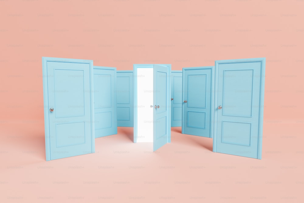 Abundance of closed blue doors near opened doorway with glowing light representing new opportunity and changes on light background in studio. 3d rendering