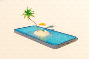 3D rendering of sandy island with palm tree and deckchair with umbrella surrounded by rippling sea on screen of modern mobile phone on pink background
