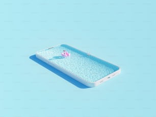 青の背景に携帯電話ケース内の波打つスイミングプールにピンクのインフレータブルフラミンゴを持つ創造的な3Dレンダリングの上から
