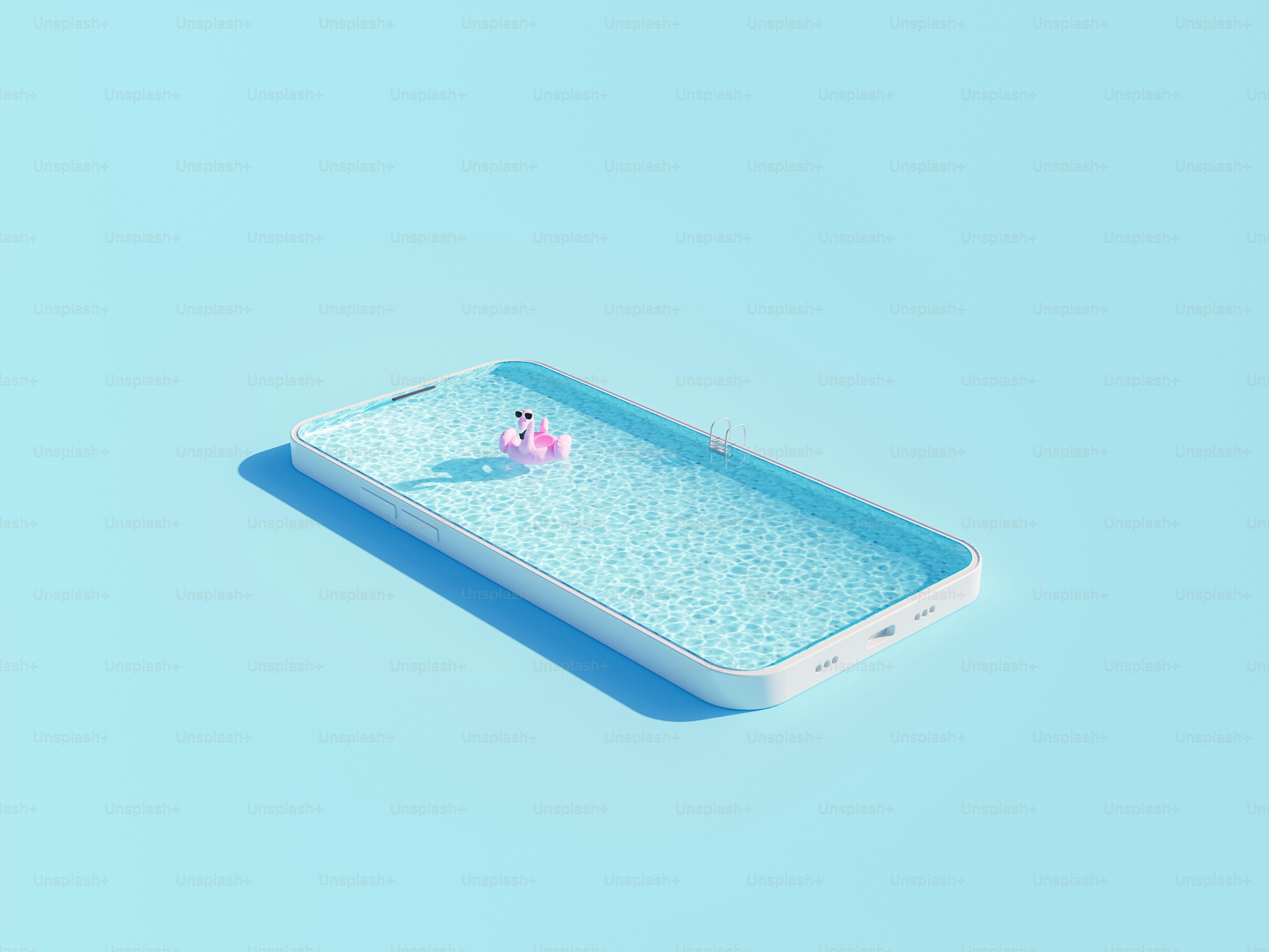 From above creative 3D rendering with pink inflatable flamingo in rippling swimming pool inside of mobile phone case against blue background