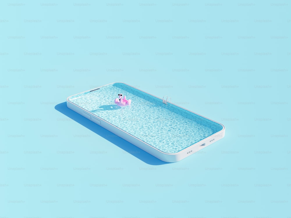 D’en haut, rendu 3D créatif avec flamant rose gonflable dans une piscine ondulante à l’intérieur d’un étui de téléphone portable sur fond bleu